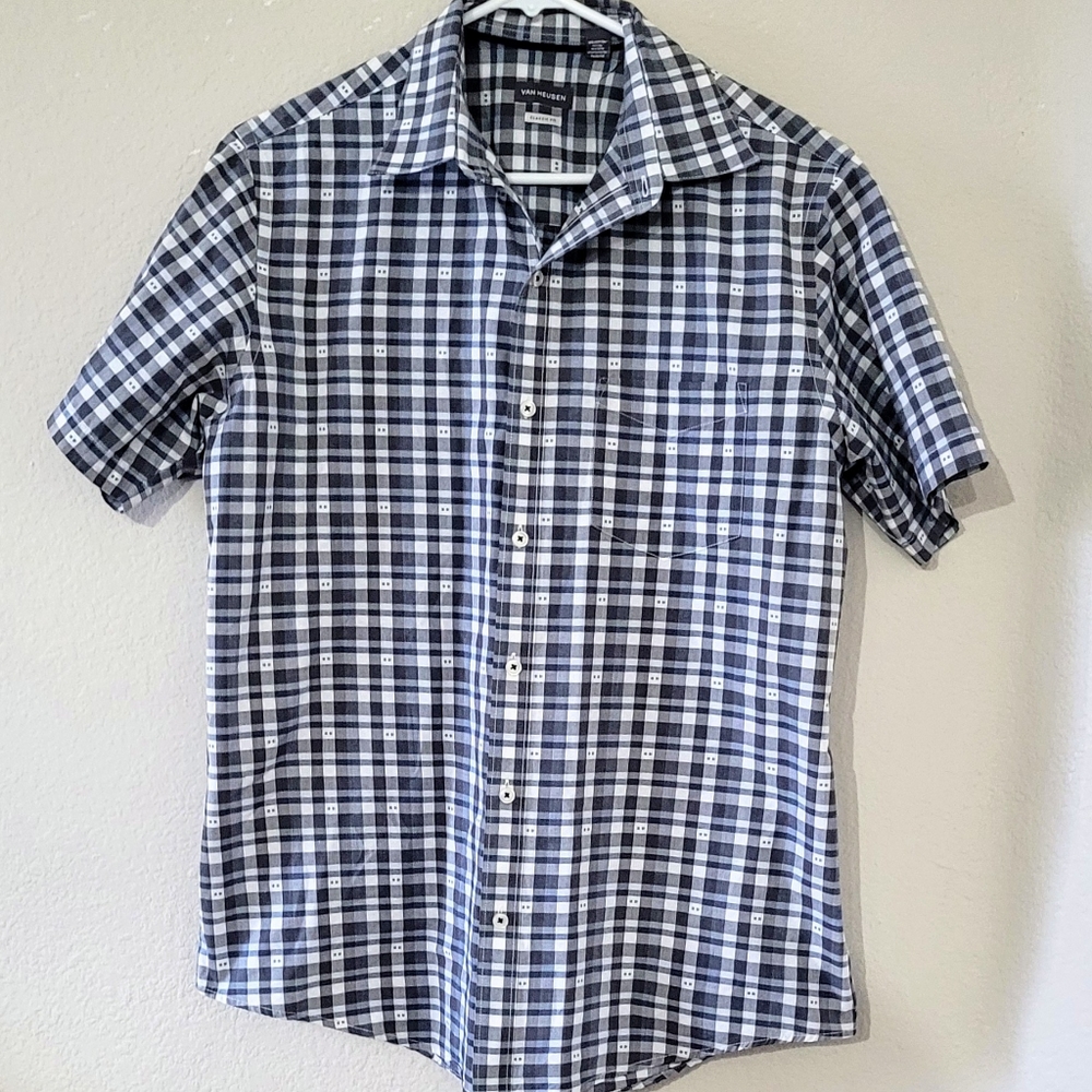 CLASSIC FIT White/ Gray/ Blue Checkered  Dress Shirt - Picture 2 of 4